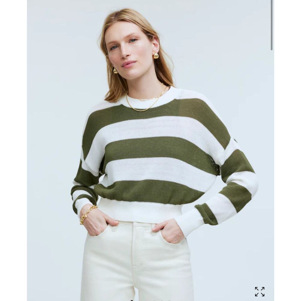 Madewell Loose-Knit Crewneck Sweater Stripe In Bright Ivory Preppy Women's Sz S‎